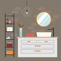 Modern bathroom interior with color accents, strelitzia flowers., trendy lamp. Flat illustration.