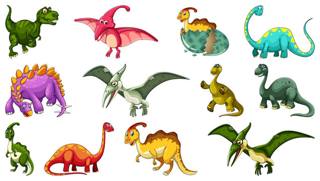 Set of different dinosaur cartoon character isolated on white background