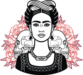 Portrait of the beautiful Mexican girl in ancient  clothes, human skulls, background - the stylized roses. Vector illustration isolated on a white background. Print, poster, t-shirt, card.