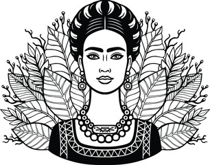 Portrait of the beautiful Mexican girl in ancient  clothes, background - the stylized leaves of plants. Vector illustration isolated on a white background. Print, poster, t-shirt, card.