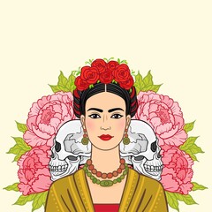 Portrait of the beautiful Mexican woman in  ancient  clothes, human skulls, a background - the stylized roses. Boho chic, ethnic, vintage. Vector illustration isolated. Print, poster, t-shirt, card.