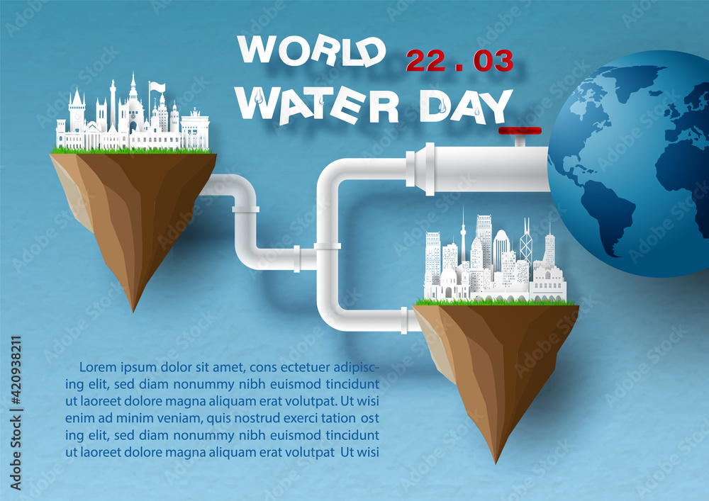 Poster water pipe from global to imagine city and the day, name of event, example texts in paper cut style 