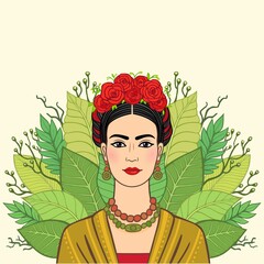 Portrait of the beautiful Mexican woman in  ancient  clothes, a background - the stylized leaves of plants. Boho chic, ethnic, vintage. Vector illustration isolated. Print, poster, t-shirt, card.