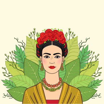Portrait of the beautiful Mexican woman in  ancient  clothes, a background - the stylized leaves of plants. Boho chic, ethnic, vintage. Vector illustration isolated. Print, poster, t-shirt, card.