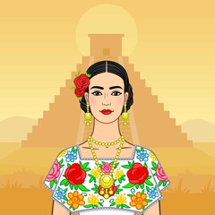 Beautiful Mexican woman in a national clothes. A background - a pyramid Maya.