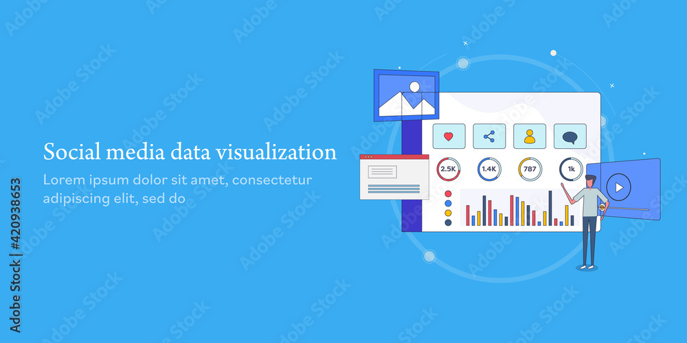 Poster social media data visualization software application dashboard. customized reporting with diagram, c