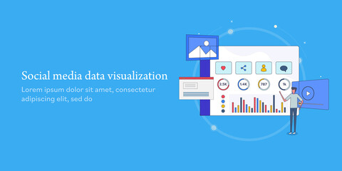 Social media data visualization software application dashboard. Customized reporting with diagram, chart, graph social media metrics and marketing data analysis, web banner template.