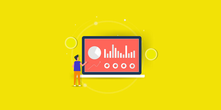 Marketing attribution concept. Marketer analysing customer value or return on investment ROI of business. Web banner vector with yellow background.