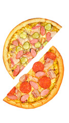 Pizza, two halves isolated on a white background. Versus concept. Appetizing pizza.