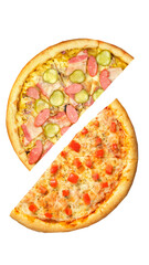 Pizza, two halves isolated on a white background. Versus concept. Appetizing pizza.