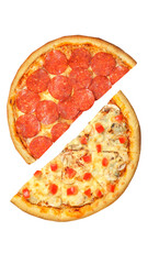 Pizza, two halves isolated on a white background. Versus concept. Appetizing pizza.