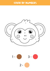 Color cute monkey face by numbers. Worksheet for kids.