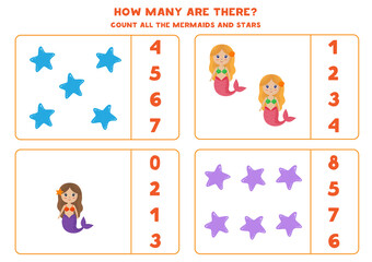 Counting game with mermaids and sea stars. Math worksheet.