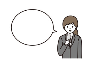 スマートフォンを操作するスーツ姿の若い女性 吹き出し