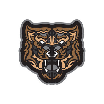 Colored Tiger print in boho style. Polynesian style tiger face. Isolated. Vector illustration.