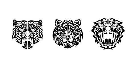 Set of tattoo face of a tiger in the Polynesian style. Isolated. Vector illustration.