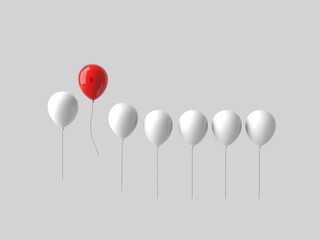 3d stand out from the crowd and different concept , One red balloon flying away from other white balloons on white wall background.3d illustration.