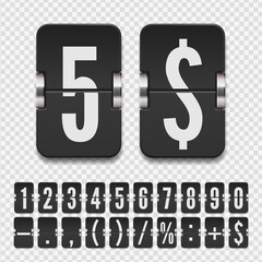 Set of black flip numbers and symbols on a mechanical scoreboard with shadows on transparent background. Vector template for your design.
