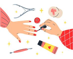 girl paints her nails. manicure studio. the master makes a manicure. vector illustration in cartoon style.