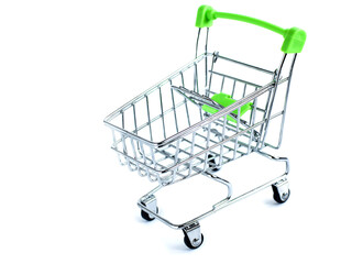 Empty supermarket shopping cart isolated on white background, grocery cart. The concept of buying and selling goods on the Internet. Selective focus, copy space.