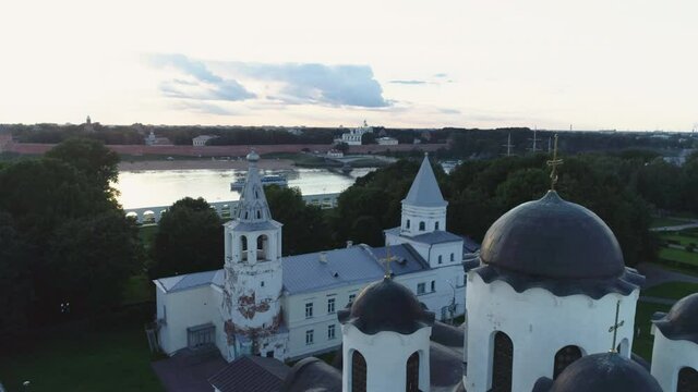 Russia, Velikiy Novgorod. Aerial View of Russian Orthodox Church. Novgorod Detinets also Novgorod Kremlin