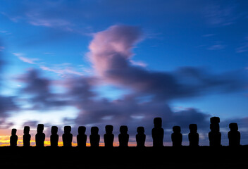 The 15 Moai of Aku Tongariki at sunrise with a colorful long exposure on the Easter Island (Rapa Nui), Chile.
