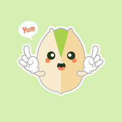 cute and kawaii Pistachio nuts character in the shell. Open and fried fresh organic food. Singles and group. Nuts vector illustrations isolated on color background.