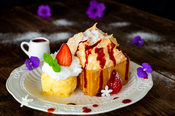 Cakes, sweets, pancakes and cream