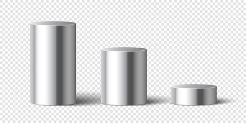 Set of metallic glossy cylinders. Round boxes. Cover. Pedestals. Vector illustration.