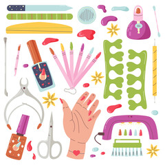 Vector set of manicure tools. Home nail care. Items for groomed hand nails. Vector flat cartoon illustration