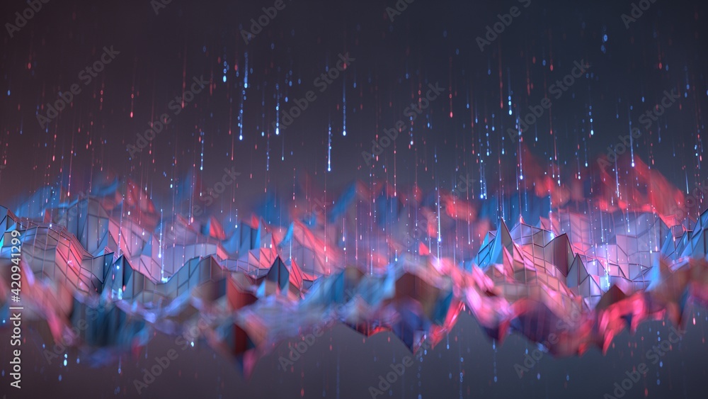 Poster polygonal shape and light trails raining 3d render