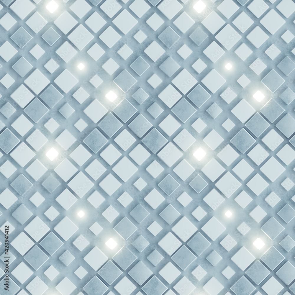 Poster seamless pattern of concrete and illuminating cubes 3d render