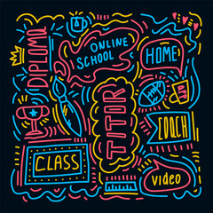 Words School online drawn in Doodle background. Hand-drawn vector illustrations of hand-colored pictures and letters of learning. For training students of online academies. Vector illustration