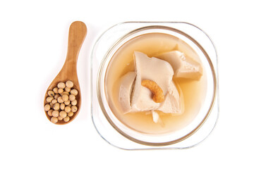 Tofu, a dessert that contains soy ingredients isolated on white background.