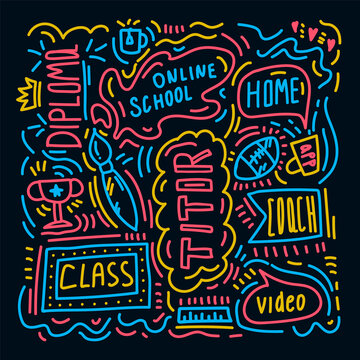 Words School online drawn in Doodle background. Hand-drawn vector illustrations of hand-colored pictures and letters of learning. For training students of online academies. Vector illustration © Dilara