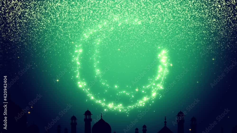 Wall mural ramadan kareem background loop. silhouette of taj mahal with particle glitter glow and crescent moon