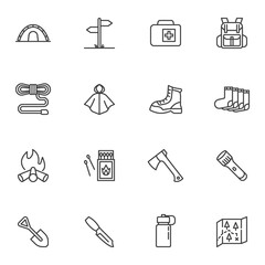 Camping and hiking line icons set