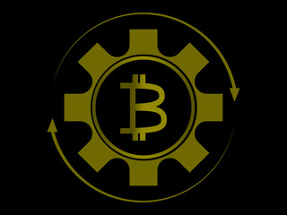 Gear with bitcoin sign and circular arrows, turnover of financial assets, finance concept.