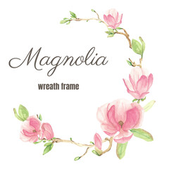 watercolor pink blooming magnolia flower and branch wreath frame