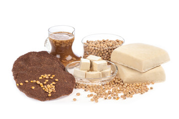 Sheet rotten beans, tofu, bean paste and soybeans isolated on white background.