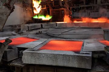 View of the copper smelting in the factory. Smelting is a process of applying heat to ore in order...
