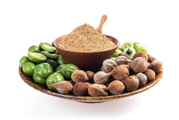 Indian Gooseberry ,terminalia chebula , terminalia bellirica and powder isolated on white...