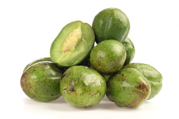 Terminalia chebula or chebulic myrobalans, fruits isolated on white background.