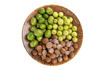 Terminalia bellirica , Terminalia chebula and Phyllanthus emblica isolated on white background.Top view ,flat lay.