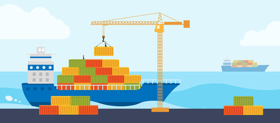 Crane loads cargo on to cargo barge. Concept worldwide cargo delivery by water.