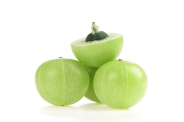 Indian Gooseberry or Phyllanthus emblica fruits isolated on white background.