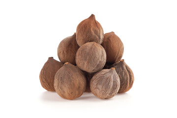 Terminalia bellirica or Beleric Myrobalan, fruits isolated on white background.