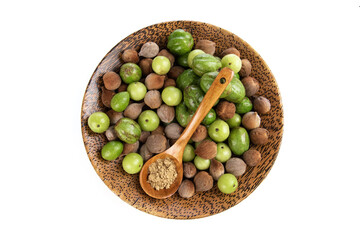 Indian Gooseberry ,terminalia chebula , terminalia bellirica and powder isolated on white background.top view,flat lay.