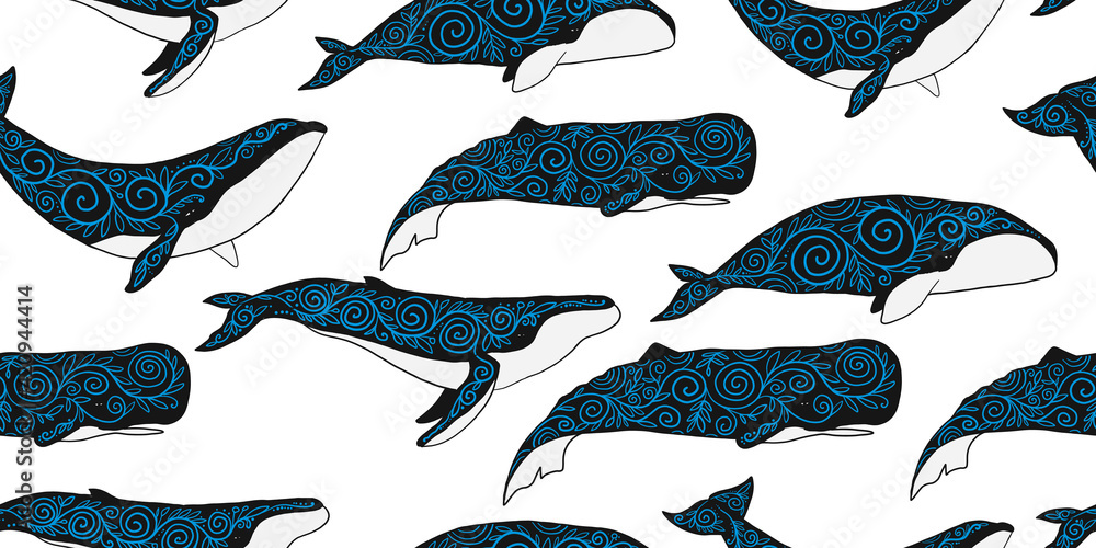Poster Wild Whales with Ethnic Ornaments. Seamless Pattern for your design