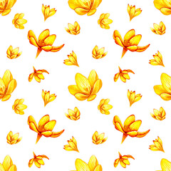 Hand drawn watercolor seamless floral pattern with yellow orange ochre crocus saffron flowers 3012